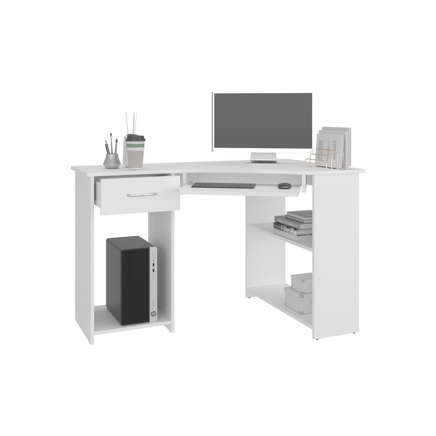 Jasper Corner Desk, Space-Saving L-Shaped Design With Two Side Shelves