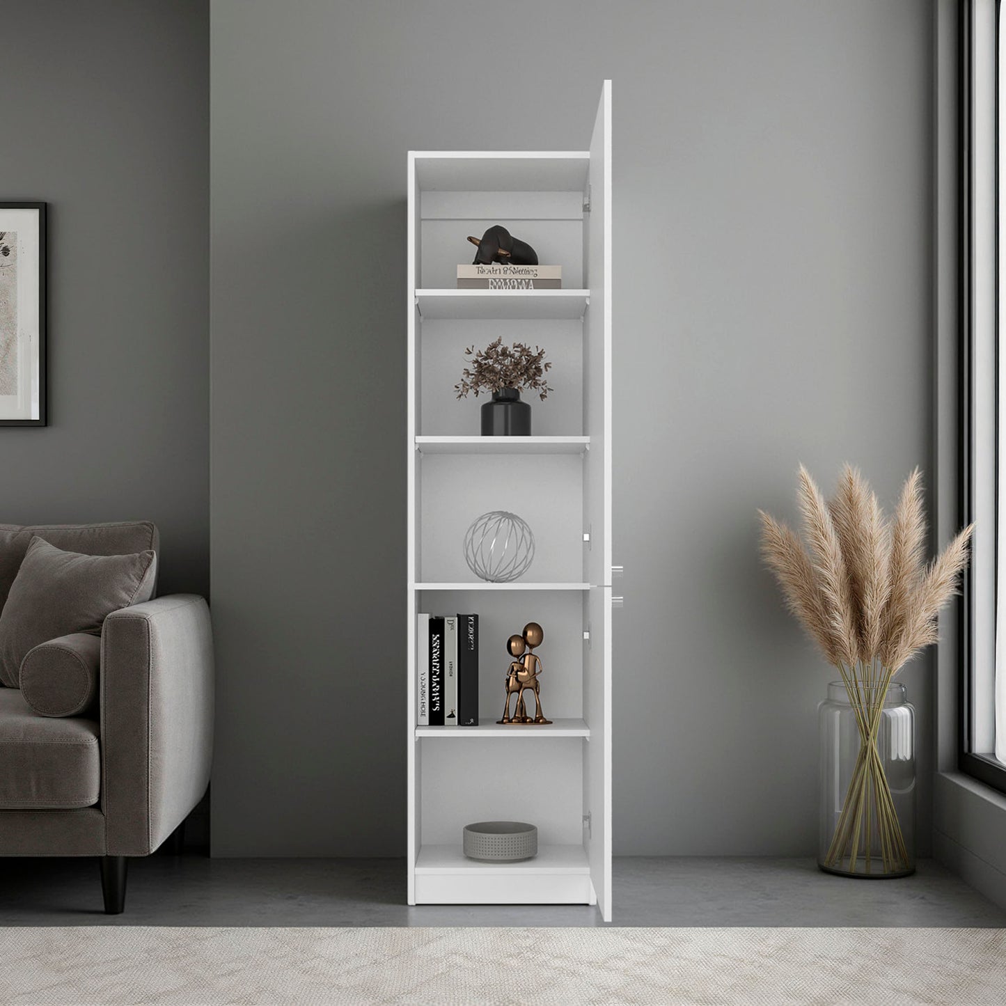 Home Tall Freestanding Bookcase with Double Doors and 5 Interior Storage Shelves, Vertical Storage Cabinet for Living Room, Office or Bedroom