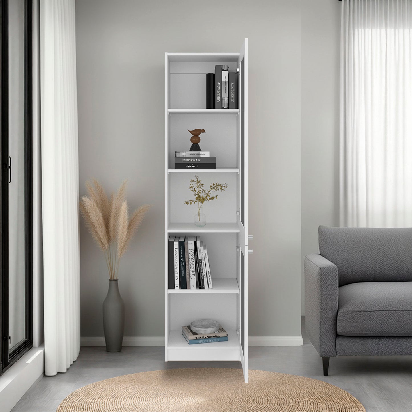 Home Double Glass Door Bookcase Cabinet with 5 Interior Shelves for Linen or Décor Storage for Living Rooms, Bedrooms or Laundry Rooms