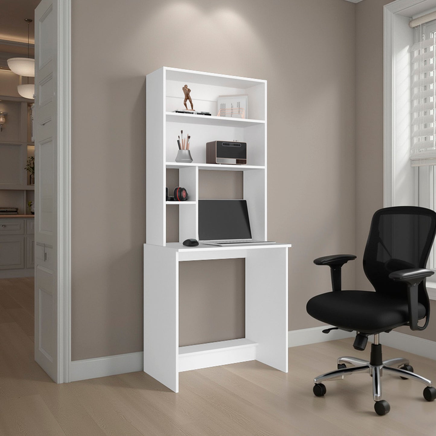 Tuhome Compu Hutch Desk with Four Shelves, One Lower Shelf, Writing Desk, Space-Saving Solution for Home Office or Study