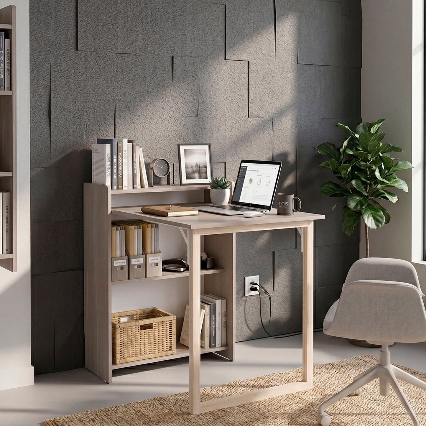 TUHOME Leslie Retractable Desk with Built-in Storage Shelves, Space Saving Computer Writing Table
