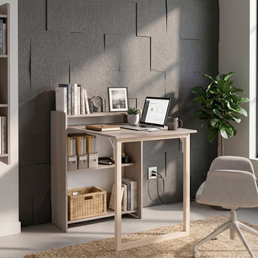 TUHOME Leslie Retractable Desk with Built-in Storage Shelves, Space Saving Computer Writing Table