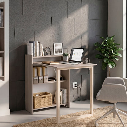 TUHOME Leslie Retractable Desk with Built-in Storage Shelves, Space Saving Computer Writing Table