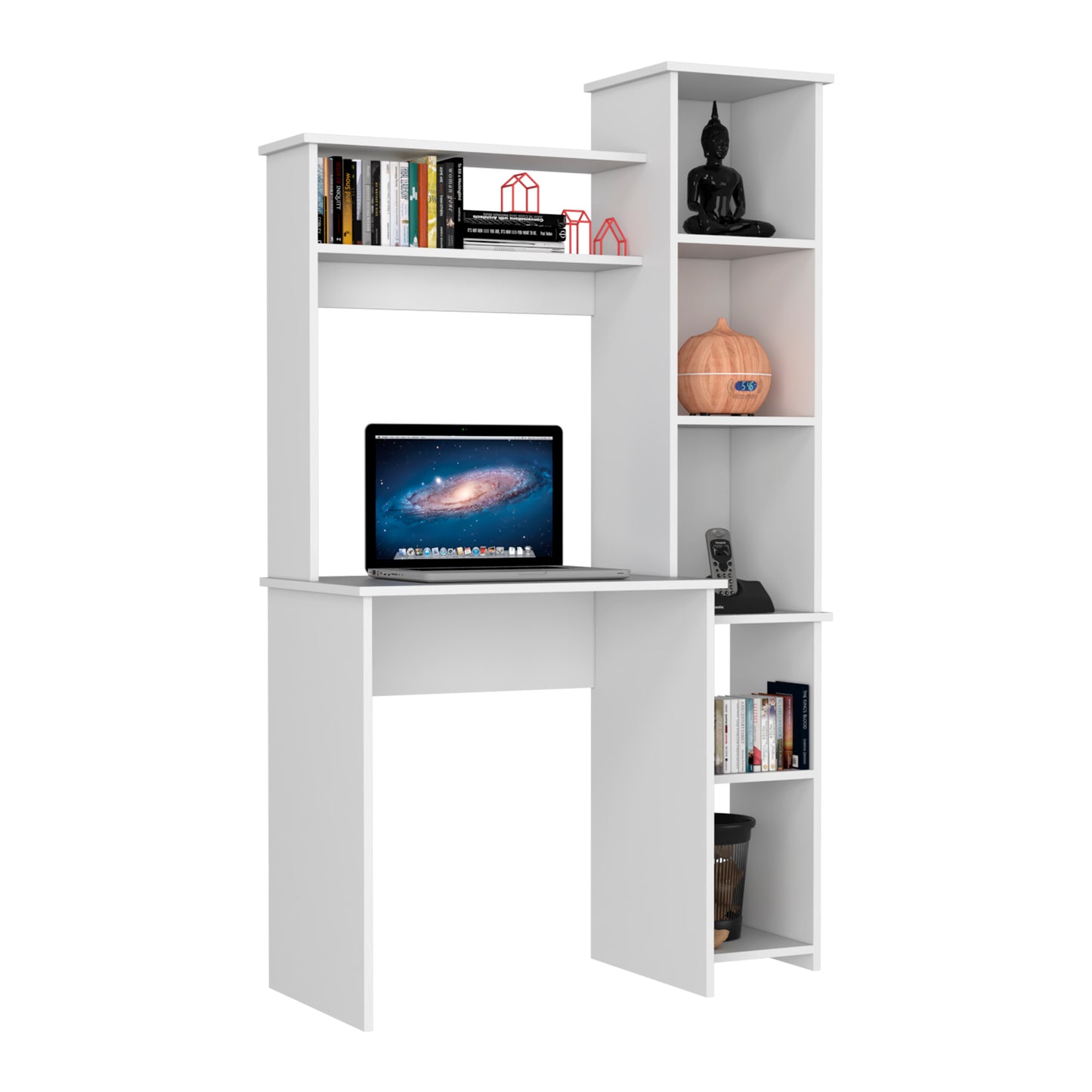 Tuhome Versalles Writing Desk with Two Superior Shelves, Five Side Open Storage Compartments, Space-Saving Modern Workstation Design for Studios and Offices, Ideal for Organization, Books, Accessories and Daily Productivity