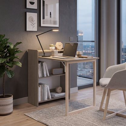 TUHOME Leslie Retractable Desk with Built-in Storage Shelves, Space Saving Computer Writing Table