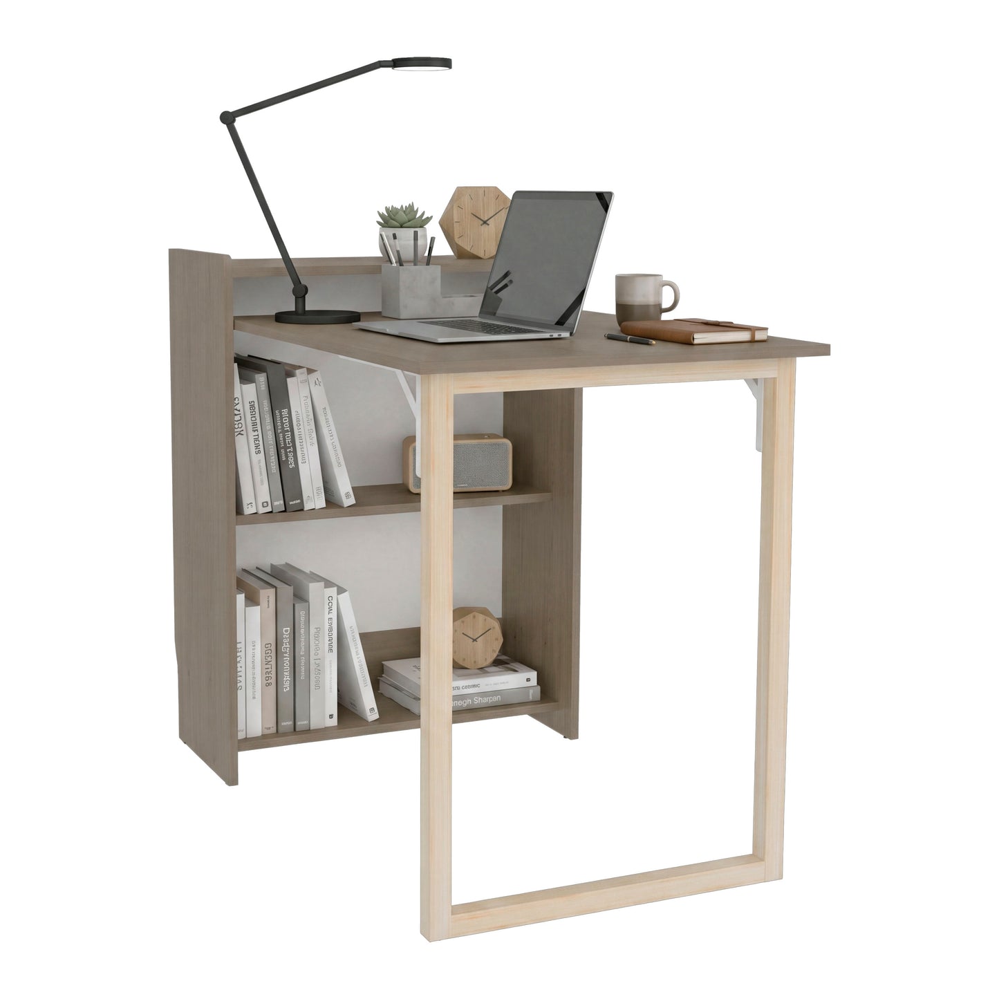 TUHOME Leslie Retractable Desk with Built-in Storage Shelves, Space Saving Computer Writing Table