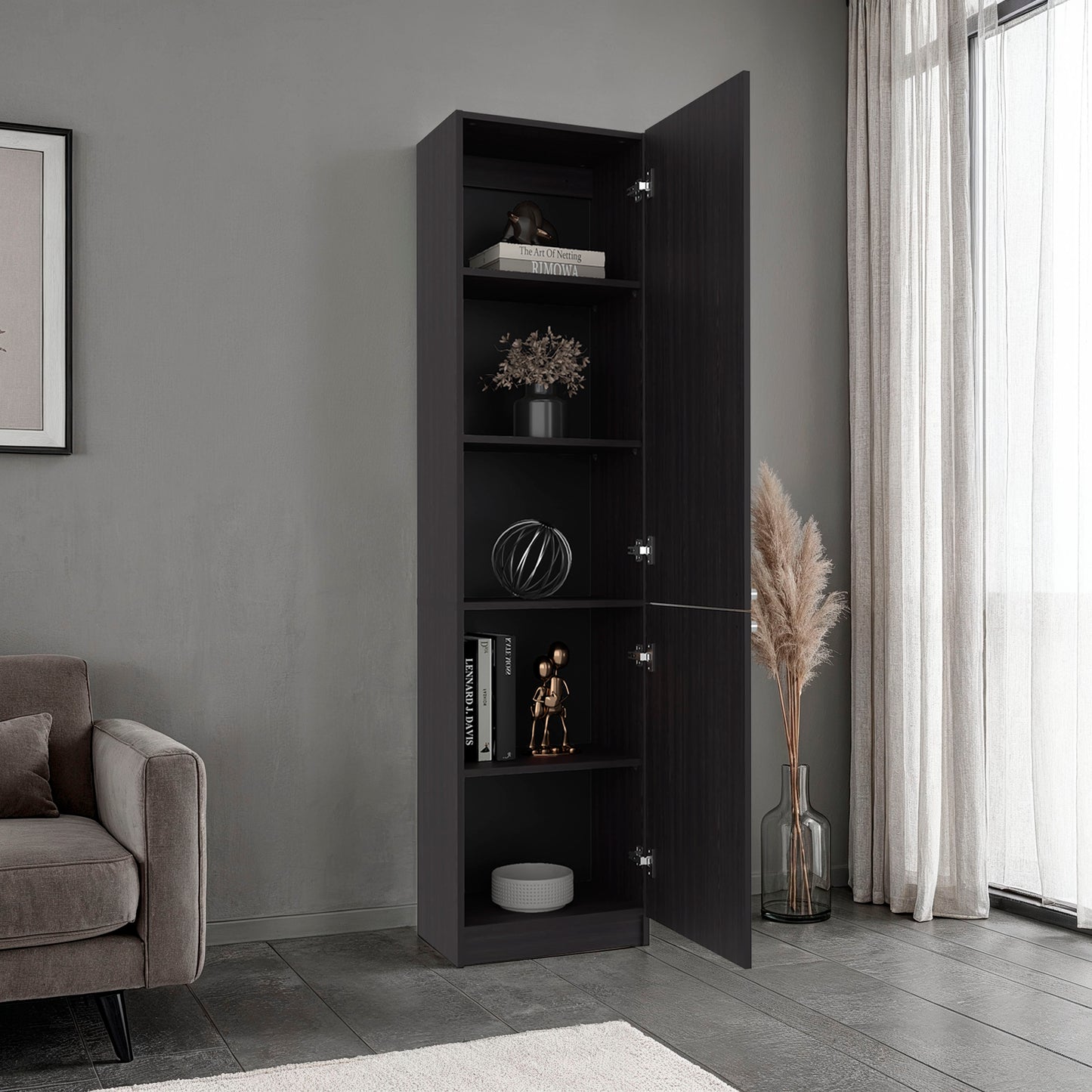 Tall black bookshelf with open doors in a modern living room.