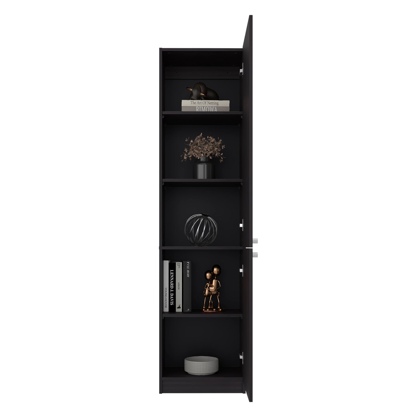 Black bookshelf with decorative items on a white background