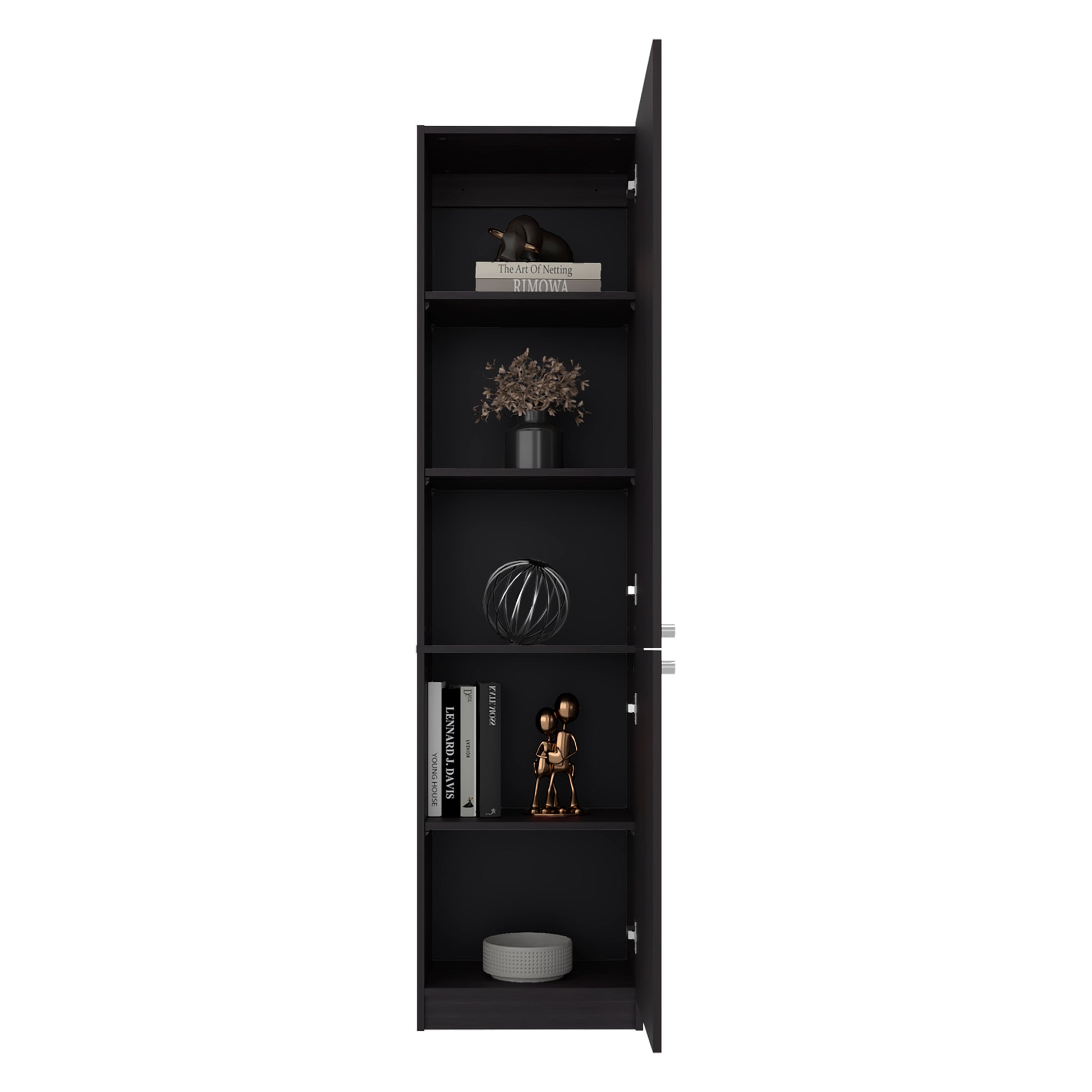 Black bookshelf with decorative items on a white background