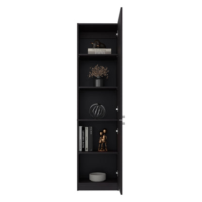Black bookshelf with decorative items on a white background