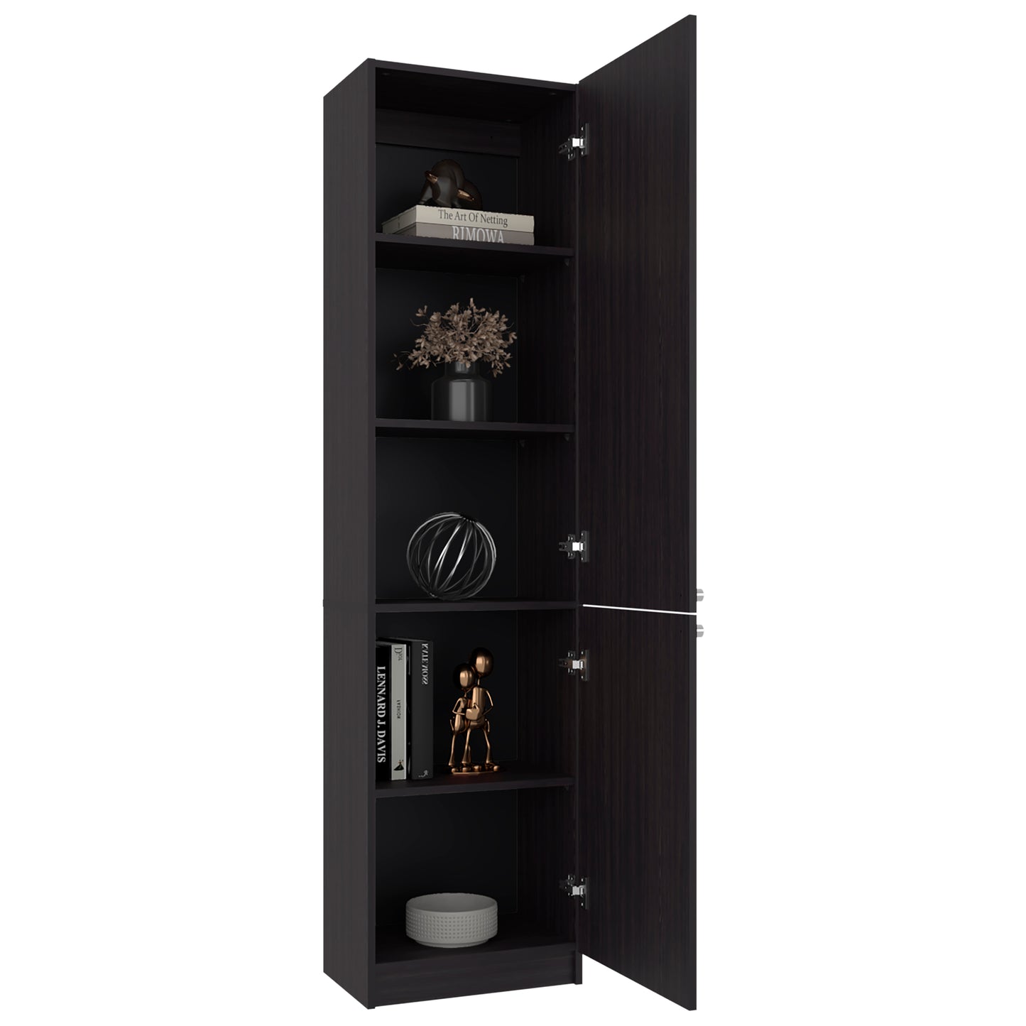 Black cabinet with open doors displaying various decorative items on a white background
