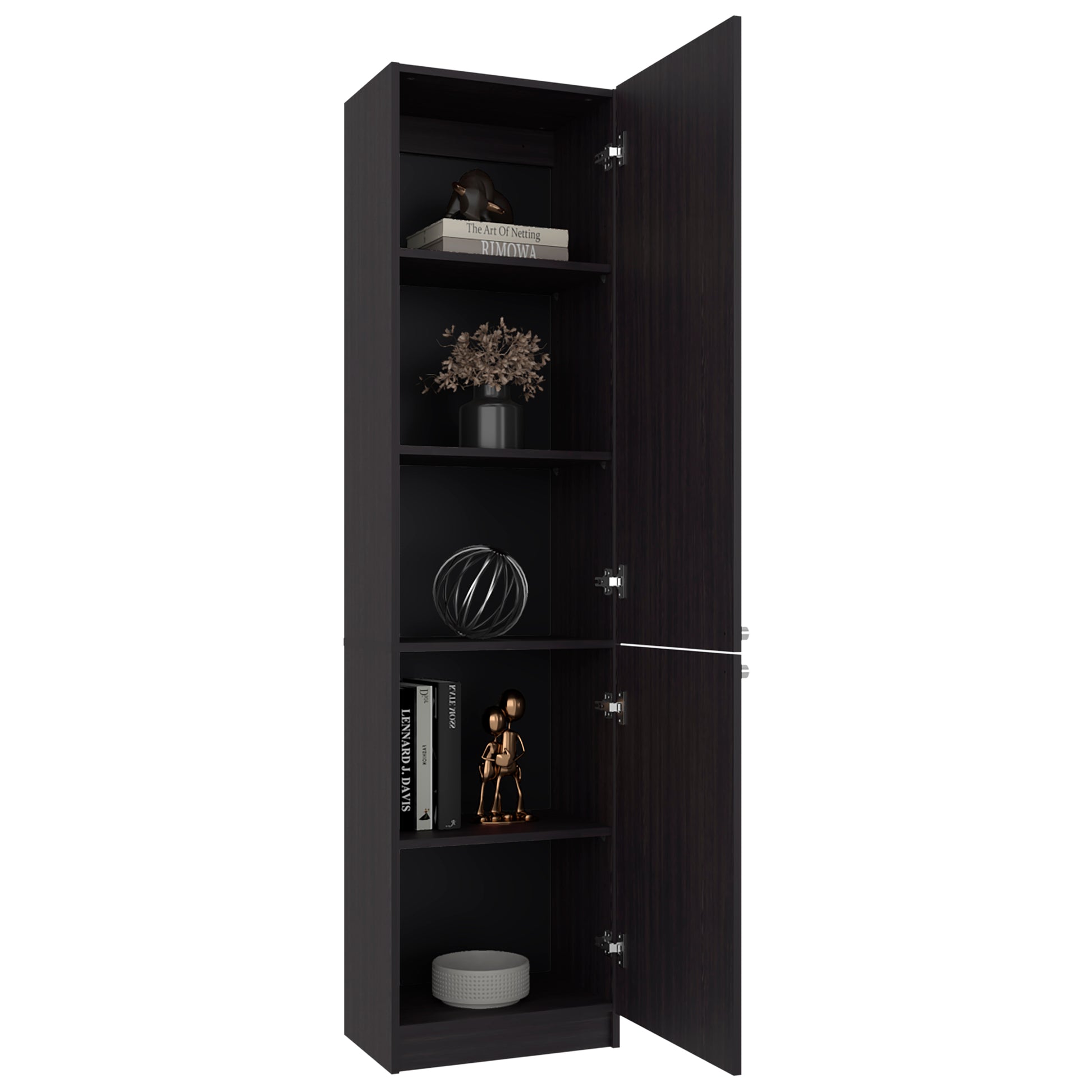 Black cabinet with open doors displaying various decorative items on a white background