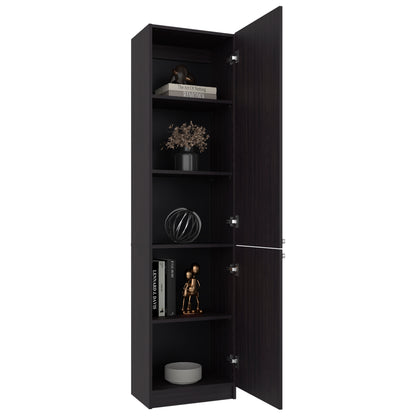 Black cabinet with open doors displaying various decorative items on a white background