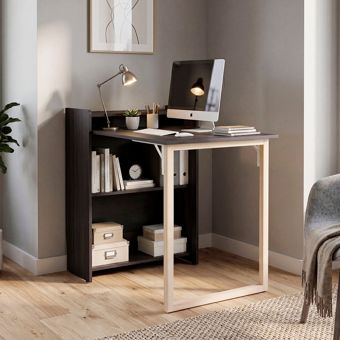 TUHOME Leslie Retractable Desk with Built-in Storage Shelves, Space Saving Computer Writing Table