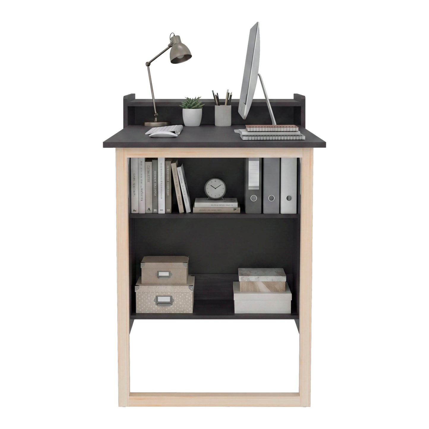 TUHOME Leslie Retractable Desk with Built-in Storage Shelves, Space Saving Computer Writing Table