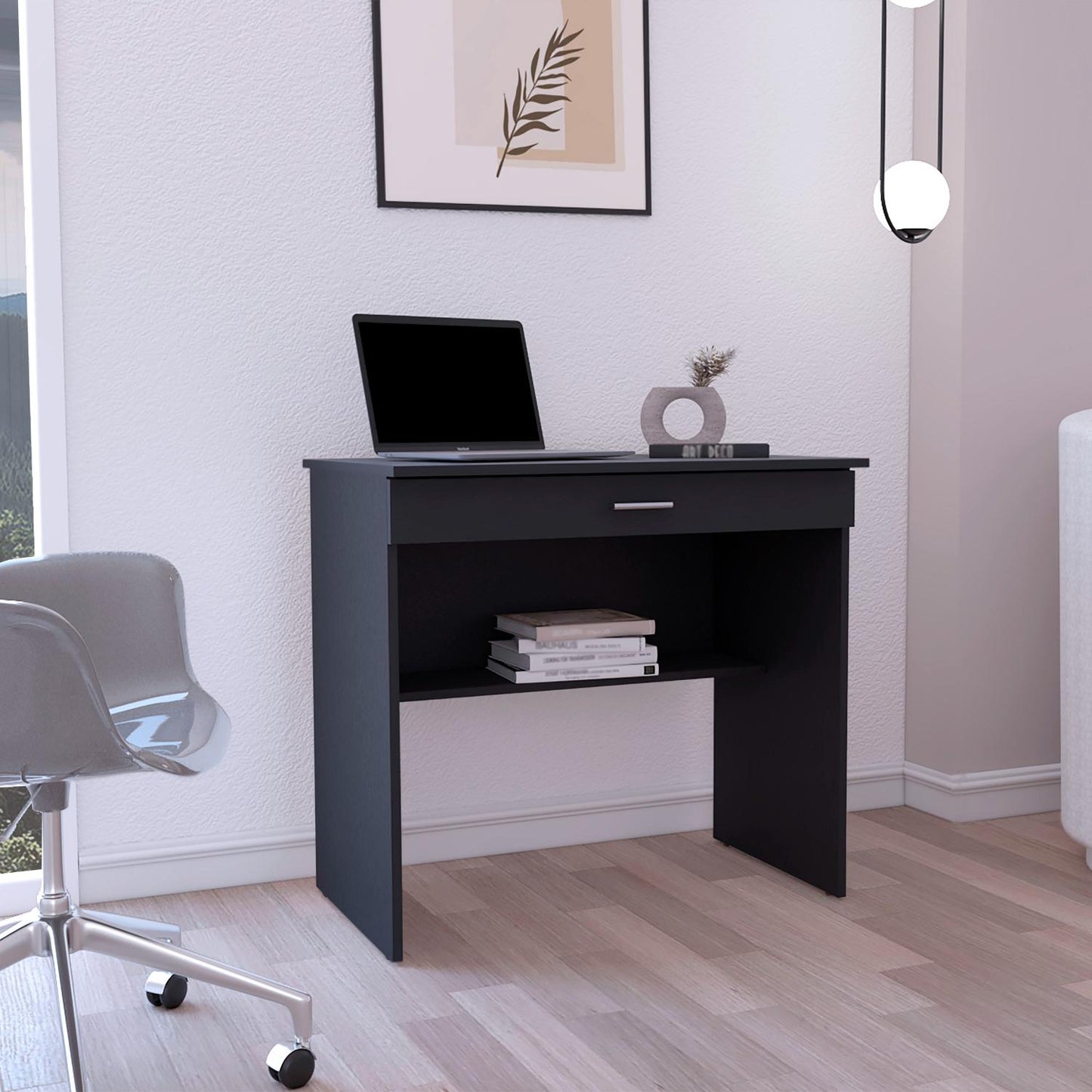 80 C Writting Desk, Compact Workstation with Drawer and Lower Shelf White