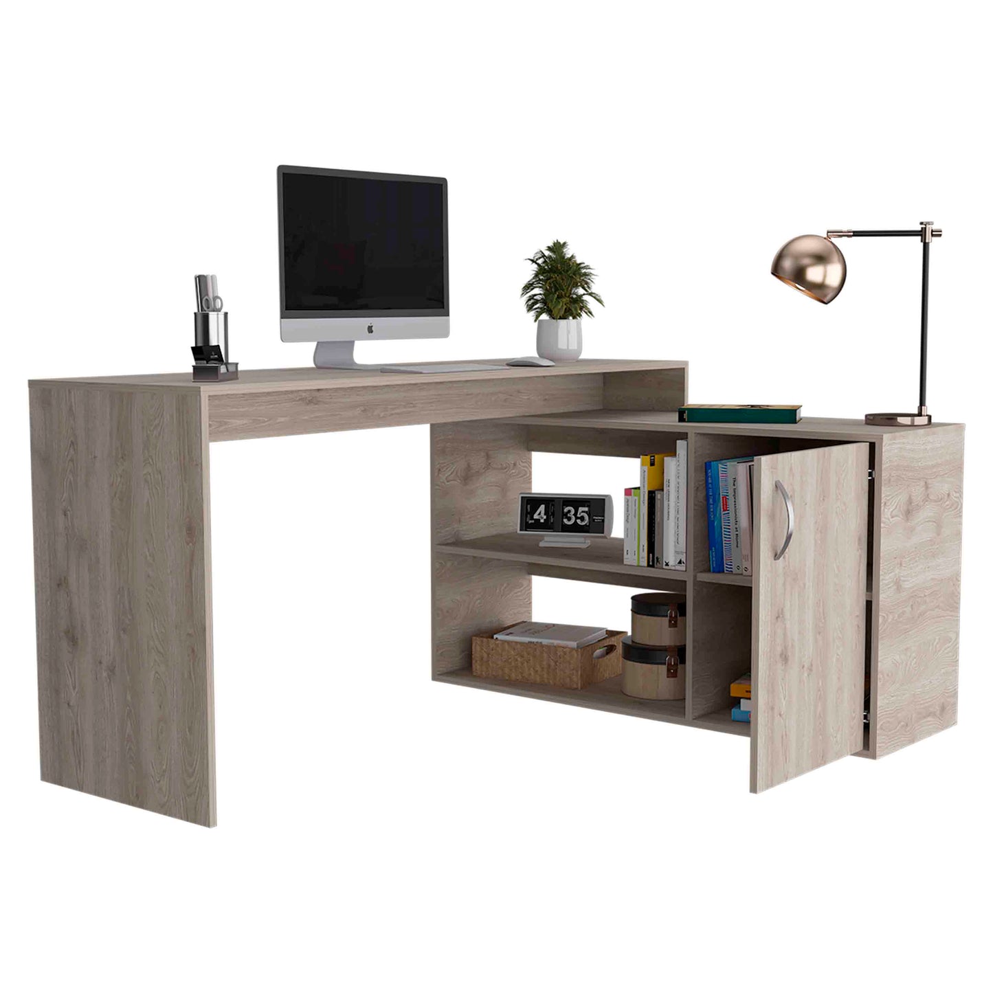 Tuhome Axis Modern L-Shaped Computer Desk with Spacious Work Surface, Open Shelving, Closed Storage Cabinet with Interior Shelves, Contemporary Corner Desk for Home Office Organization and Efficient Work-From-Home Setups