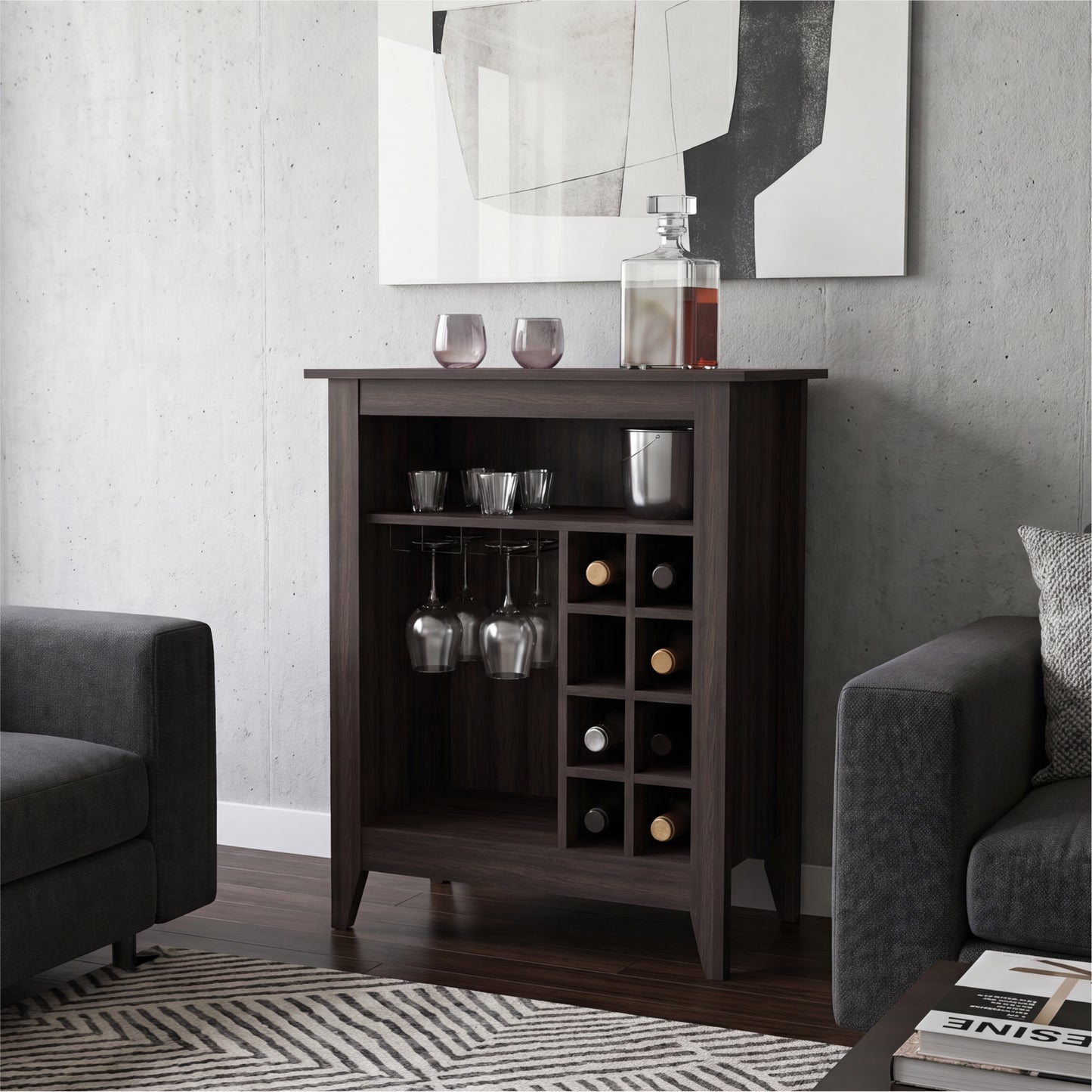 Essential Bar Cabinet with Open Display Shelf, Built-In Wine Rack Cubbies, Smooth-Glide Storage Drawer and Spacious Top Surface for Elegant Home Entertaining, Beverage Organization and Modern Bar.