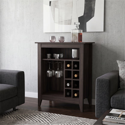 Essential Bar Cabinet with Open Display Shelf, Built-In Wine Rack Cubbies, Smooth-Glide Storage Drawer and Spacious Top Surface for Elegant Home Entertaining, Beverage Organization and Modern Bar.
