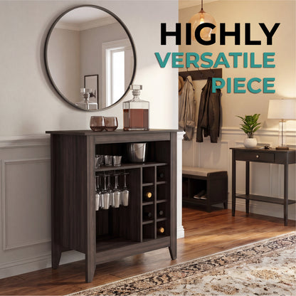 Essential Bar Cabinet with Open Display Shelf, Built-In Wine Rack Cubbies, Smooth-Glide Storage Drawer and Spacious Top Surface for Elegant Home Entertaining, Beverage Organization and Modern Bar.