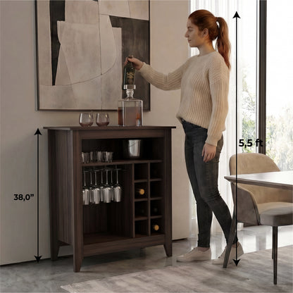 Essential Bar Cabinet with Open Display Shelf, Built-In Wine Rack Cubbies, Smooth-Glide Storage Drawer and Spacious Top Surface for Elegant Home Entertaining, Beverage Organization and Modern Bar.