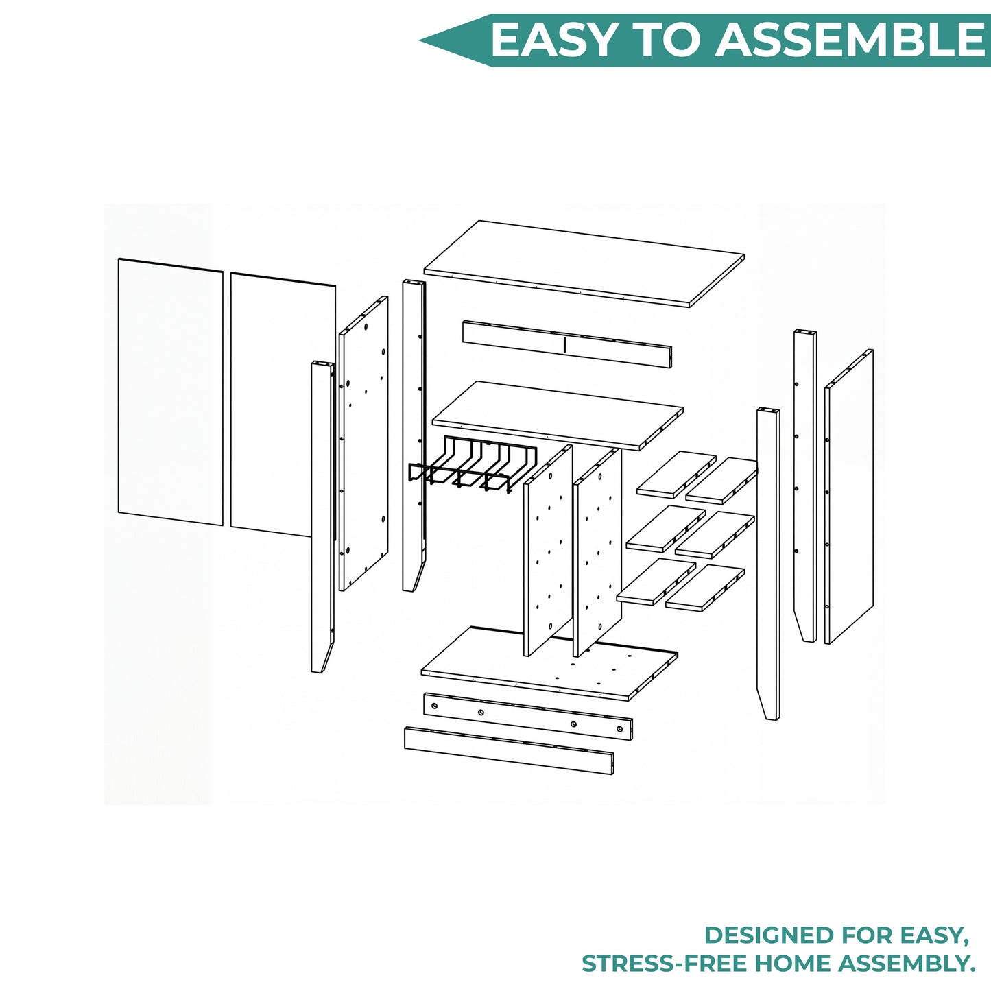 Essential Bar Cabinet with Open Display Shelf, Built-In Wine Rack Cubbies, Smooth-Glide Storage Drawer and Spacious Top Surface for Elegant Home Entertaining, Beverage Organization and Modern Bar.