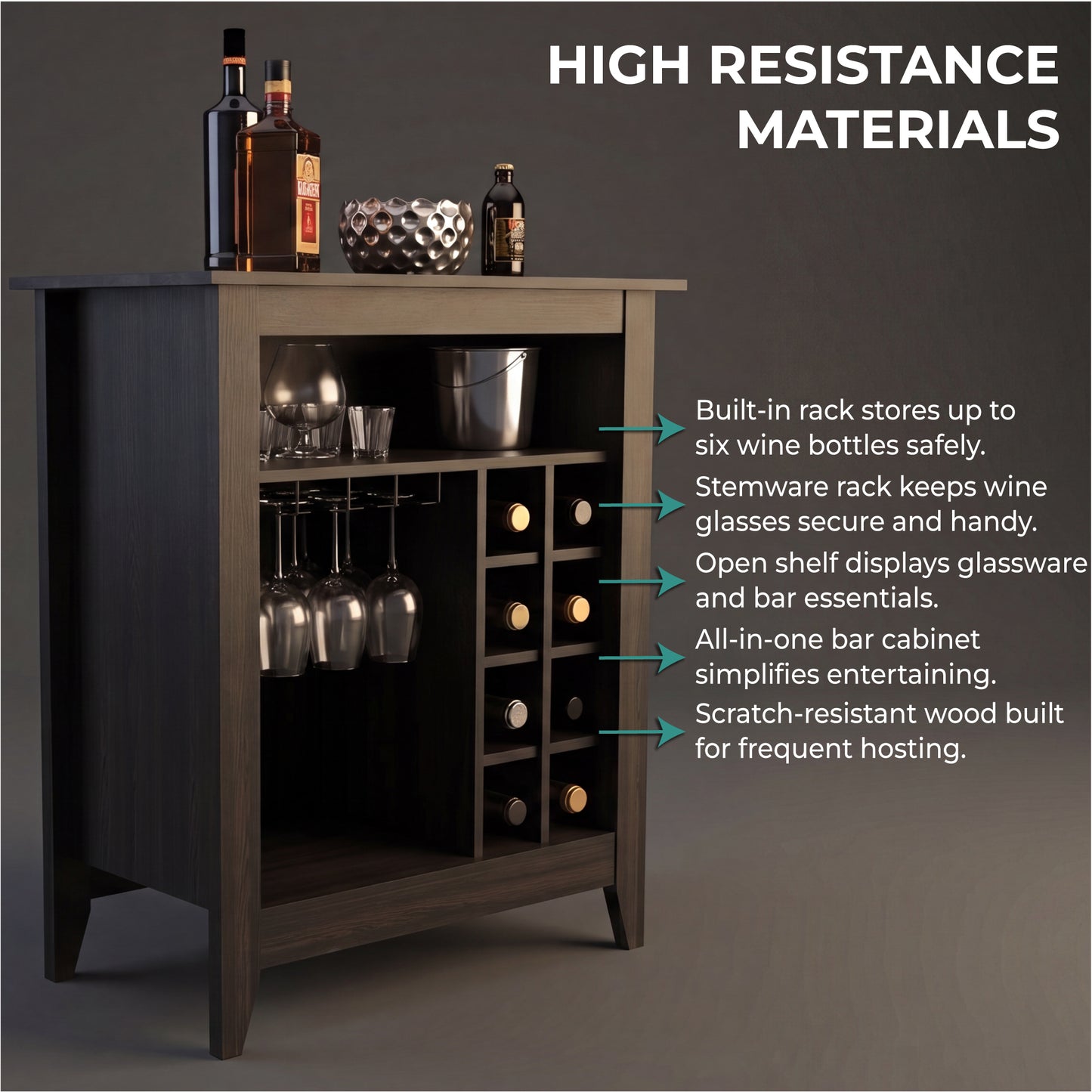 Essential Bar Cabinet with Open Display Shelf, Built-In Wine Rack Cubbies, Smooth-Glide Storage Drawer and Spacious Top Surface for Elegant Home Entertaining, Beverage Organization and Modern Bar.