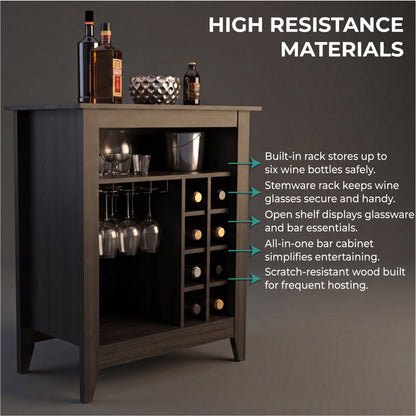 Essential Bar Cabinet with Open Display Shelf, Built-In Wine Rack Cubbies, Smooth-Glide Storage Drawer and Spacious Top Surface for Elegant Home Entertaining, Beverage Organization and Modern Bar.