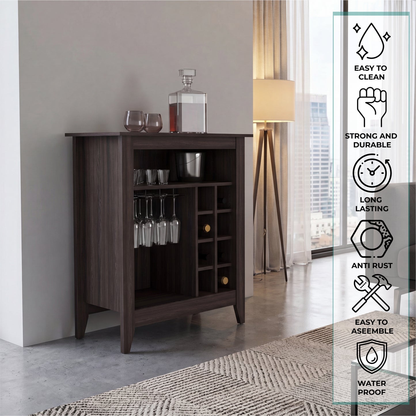 Essential Bar Cabinet with Open Display Shelf, Built-In Wine Rack Cubbies, Smooth-Glide Storage Drawer and Spacious Top Surface for Elegant Home Entertaining, Beverage Organization and Modern Bar.