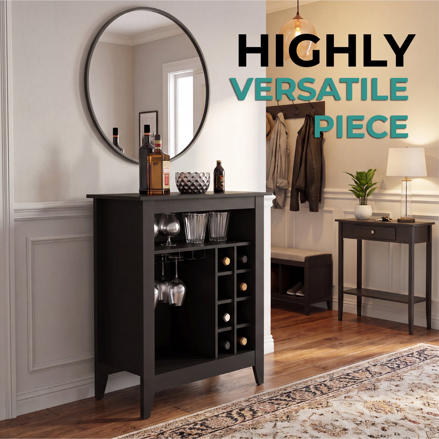 Essential Bar Cabinet with Open Display Shelf, Built-In Wine Rack Cubbies, Smooth-Glide Storage Drawer and Spacious Top Surface for Elegant Home Entertaining, Beverage Organization and Modern Bar.