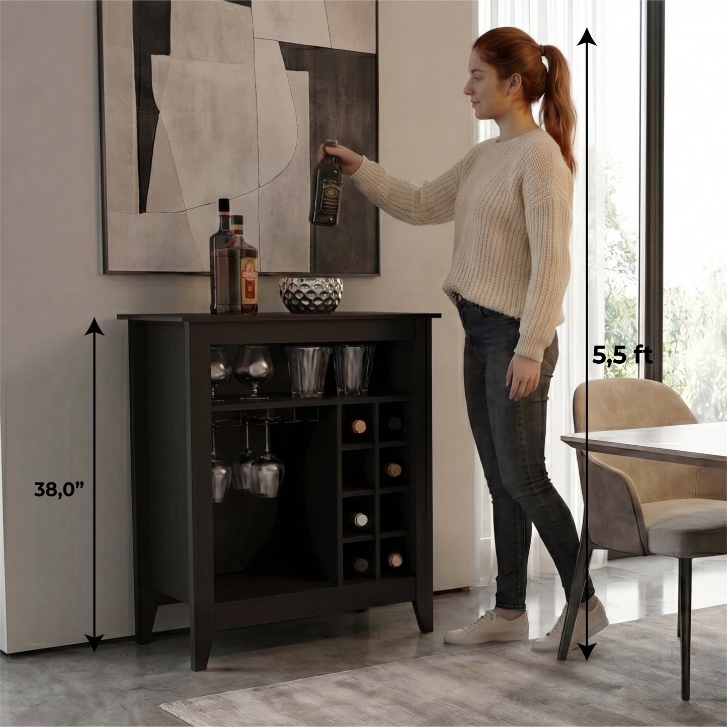 Essential Bar Cabinet with Open Display Shelf, Built-In Wine Rack Cubbies, Smooth-Glide Storage Drawer and Spacious Top Surface for Elegant Home Entertaining, Beverage Organization and Modern Bar.