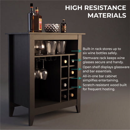 Essential Bar Cabinet with Open Display Shelf, Built-In Wine Rack Cubbies, Smooth-Glide Storage Drawer and Spacious Top Surface for Elegant Home Entertaining, Beverage Organization and Modern Bar.