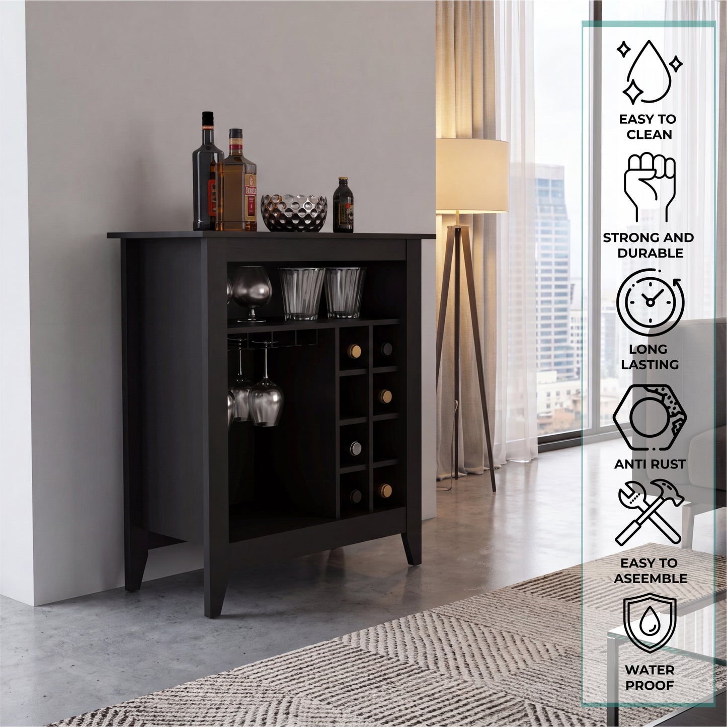 Essential Bar Cabinet with Open Display Shelf, Built-In Wine Rack Cubbies, Smooth-Glide Storage Drawer and Spacious Top Surface for Elegant Home Entertaining, Beverage Organization and Modern Bar.