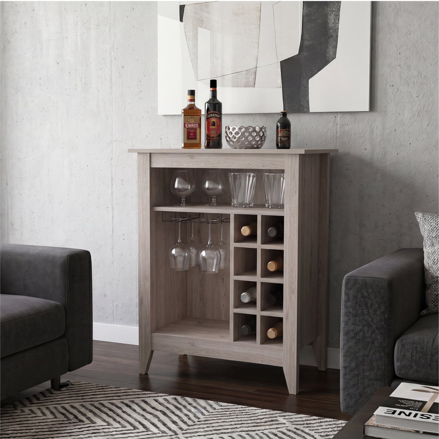 Essential Bar Cabinet with Open Display Shelf, Built-In Wine Rack Cubbies, Smooth-Glide Storage Drawer and Spacious Top Surface for Elegant Home Entertaining, Beverage Organization and Modern Bar.