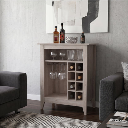 Essential Bar Cabinet with Open Display Shelf, Built-In Wine Rack Cubbies, Smooth-Glide Storage Drawer and Spacious Top Surface for Elegant Home Entertaining, Beverage Organization and Modern Bar.