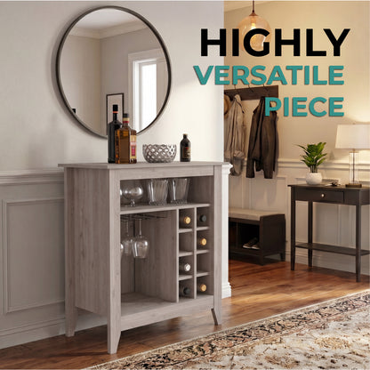 Essential Bar Cabinet with Open Display Shelf, Built-In Wine Rack Cubbies, Smooth-Glide Storage Drawer and Spacious Top Surface for Elegant Home Entertaining, Beverage Organization and Modern Bar.