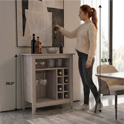 Essential Bar Cabinet with Open Display Shelf, Built-In Wine Rack Cubbies, Smooth-Glide Storage Drawer and Spacious Top Surface for Elegant Home Entertaining, Beverage Organization and Modern Bar.