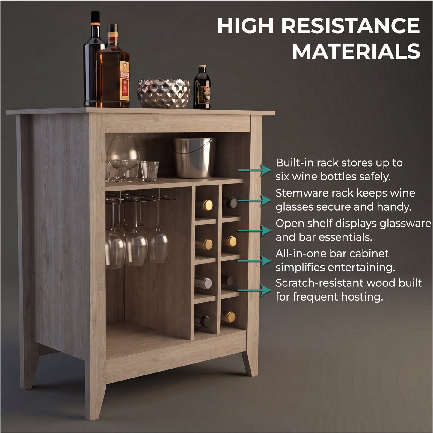 Essential Bar Cabinet with Open Display Shelf, Built-In Wine Rack Cubbies, Smooth-Glide Storage Drawer and Spacious Top Surface for Elegant Home Entertaining, Beverage Organization and Modern Bar.