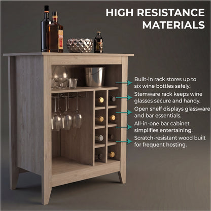Essential Bar Cabinet with Open Display Shelf, Built-In Wine Rack Cubbies, Smooth-Glide Storage Drawer and Spacious Top Surface for Elegant Home Entertaining, Beverage Organization and Modern Bar.