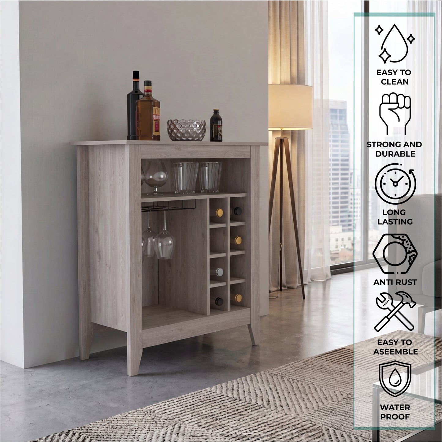 Essential Bar Cabinet with Open Display Shelf, Built-In Wine Rack Cubbies, Smooth-Glide Storage Drawer and Spacious Top Surface for Elegant Home Entertaining, Beverage Organization and Modern Bar.