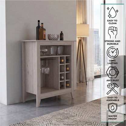 Essential Bar Cabinet with Open Display Shelf, Built-In Wine Rack Cubbies, Smooth-Glide Storage Drawer and Spacious Top Surface for Elegant Home Entertaining, Beverage Organization and Modern Bar.