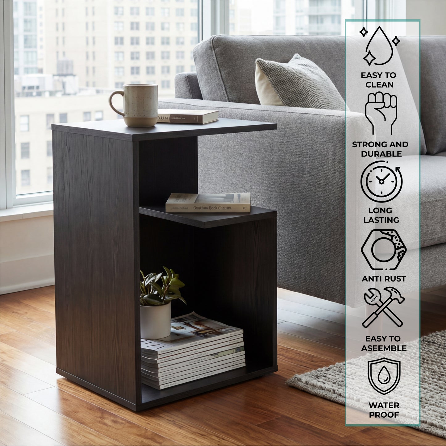 TUHOME Everet 25-Inch High Three-Tier Side Table with Tray-Style Top and Dual Lower Shelves, Compact End Table for Living Room, Sofa Side Storage, Modern Small-Space Organizer for Coffee, Décor and Everyday Essentials