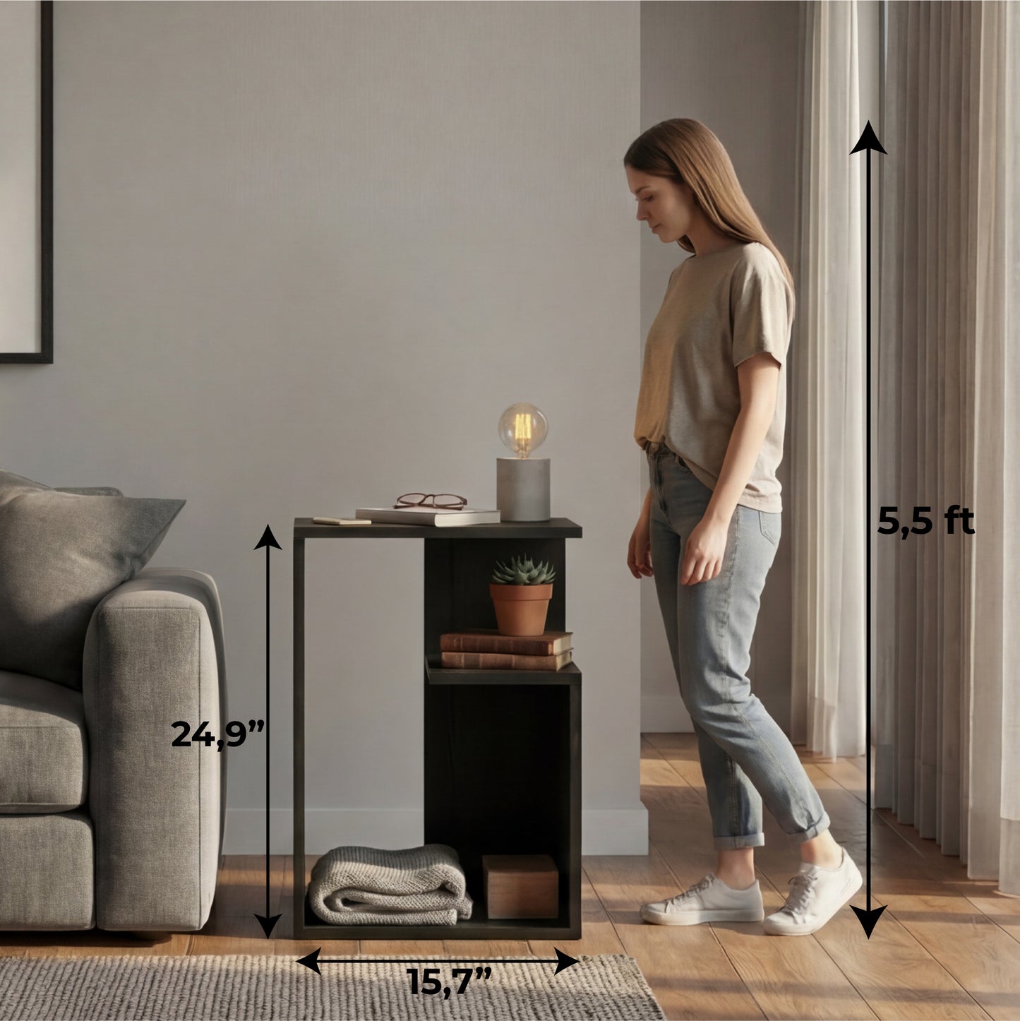 TUHOME Everet 25-Inch High Three-Tier Side Table with Tray-Style Top and Dual Lower Shelves, Compact End Table for Living Room, Sofa Side Storage, Modern Small-Space Organizer for Coffee, Décor and Everyday Essentials