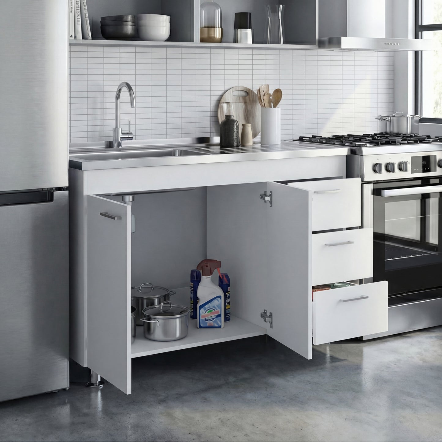 Ferretti Utility Sink Base Cabinet with Stainless Steel Countertop, Three Storage Drawers, Double-Door Cabinet and Integrated Faucet Opening for Modern Kitchen Organization, Prep Convenience and Functional Home Utility