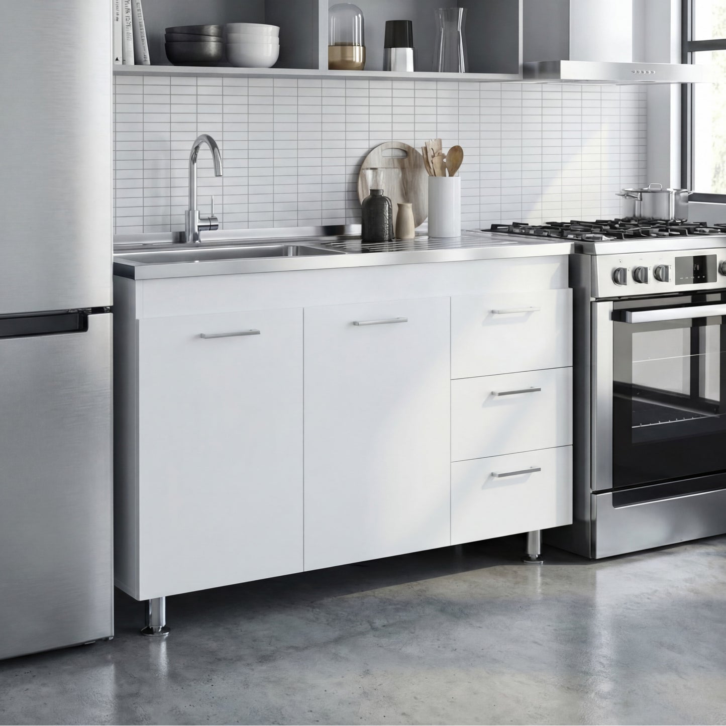 Ferretti Utility Sink Base Cabinet with Stainless Steel Countertop, Three Storage Drawers, Double-Door Cabinet and Integrated Faucet Opening for Modern Kitchen Organization, Prep Convenience and Functional Home Utility