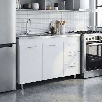 Ferretti Utility Sink Base Cabinet with Stainless Steel Countertop, Three Storage Drawers, Double-Door Cabinet and Integrated Faucet Opening for Modern Kitchen Organization, Prep Convenience and Functional Home Utility