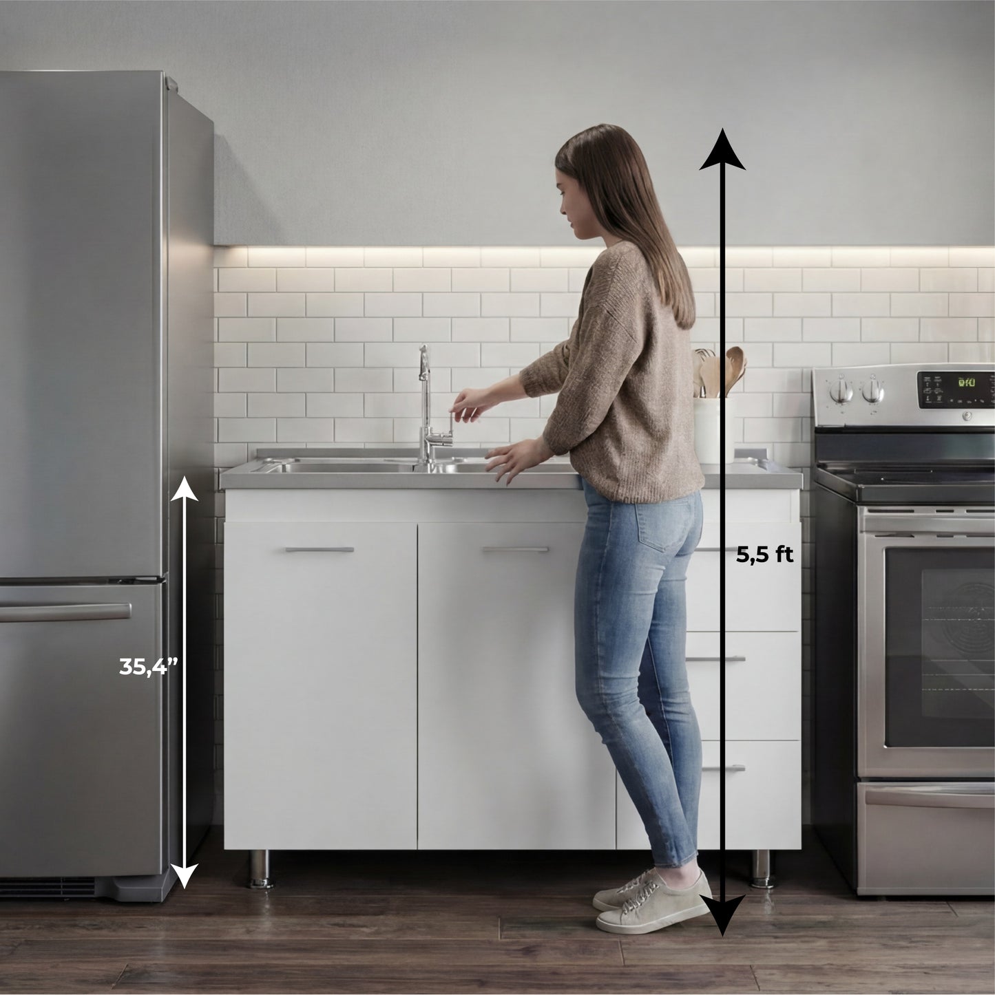 Ferretti Utility Sink Base Cabinet with Stainless Steel Countertop, Three Storage Drawers, Double-Door Cabinet and Integrated Faucet Opening for Modern Kitchen Organization, Prep Convenience and Functional Home Utility