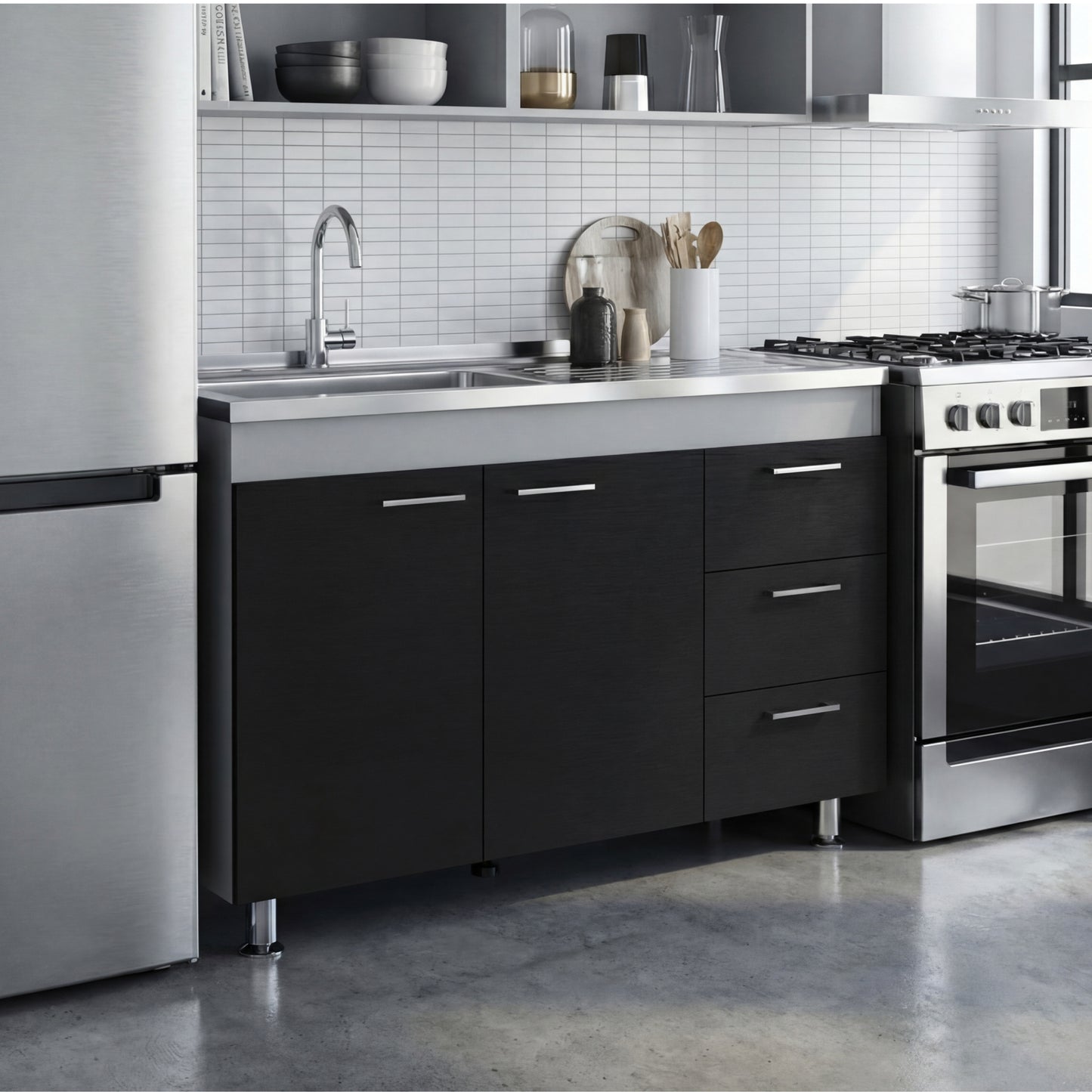 Ferretti Utility Sink Base Cabinet with Stainless Steel Countertop, Three Storage Drawers, Double-Door Cabinet and Integrated Faucet Opening for Modern Kitchen Organization, Prep Convenience and Functional Home Utility