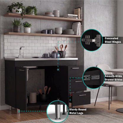 Ferretti Utility Sink Base Cabinet with Stainless Steel Countertop, Three Storage Drawers, Double-Door Cabinet and Integrated Faucet Opening for Modern Kitchen Organization, Prep Convenience and Functional Home Utility