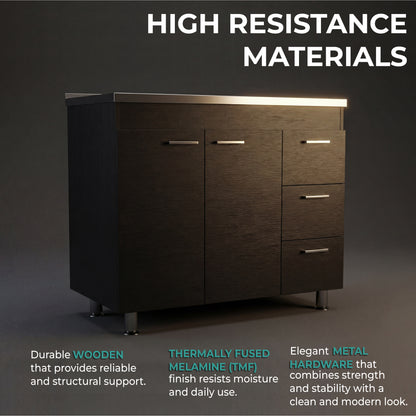 Ferretti Utility Sink Base Cabinet with Stainless Steel Countertop, Three Storage Drawers, Double-Door Cabinet and Integrated Faucet Opening for Modern Kitchen Organization, Prep Convenience and Functional Home Utility